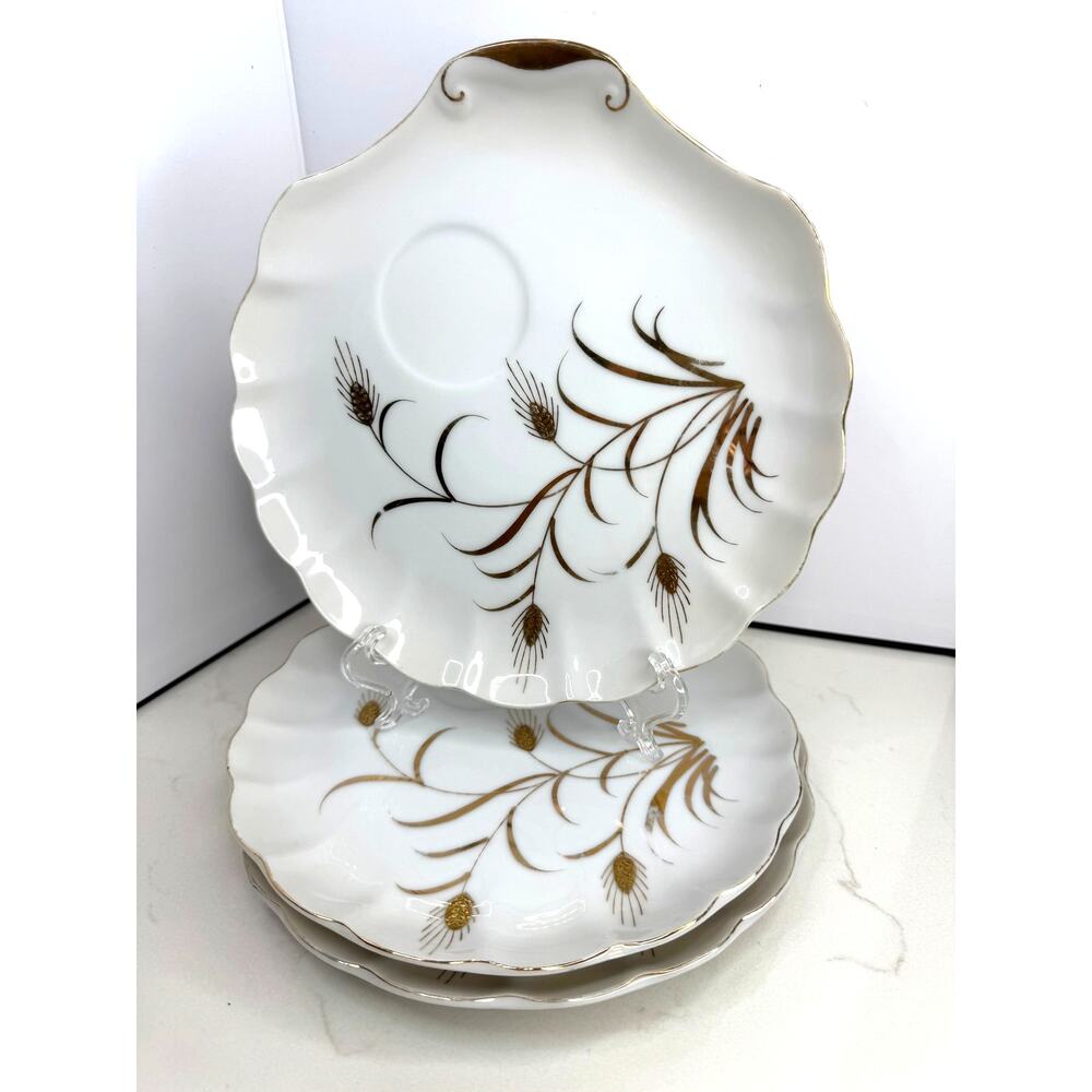 Lefton China Hand-Painted Snack Trays Tea Cups Golden Wheat Scallop Design #3